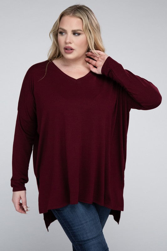 Plus Dolman Sleeve V-Neck Side Slit Hi-Low Hem Top