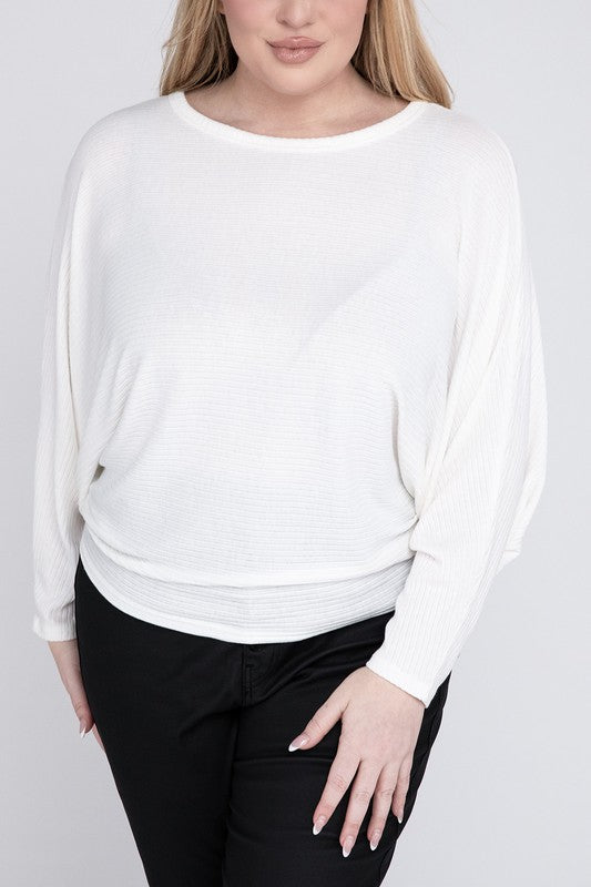 Plus Ribbed Batwing Long Sleeve Boat Neck Sweater