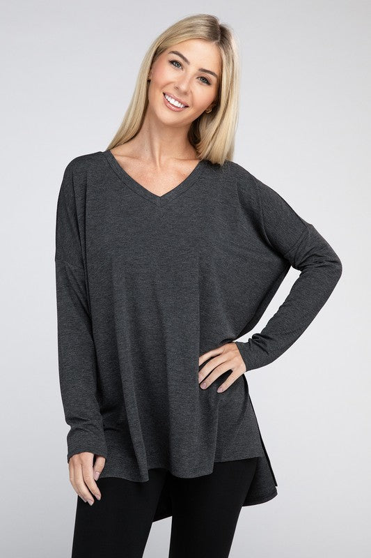 Dolman Long Sleeve V-Neck Side Slit Hi-Low Hem Top