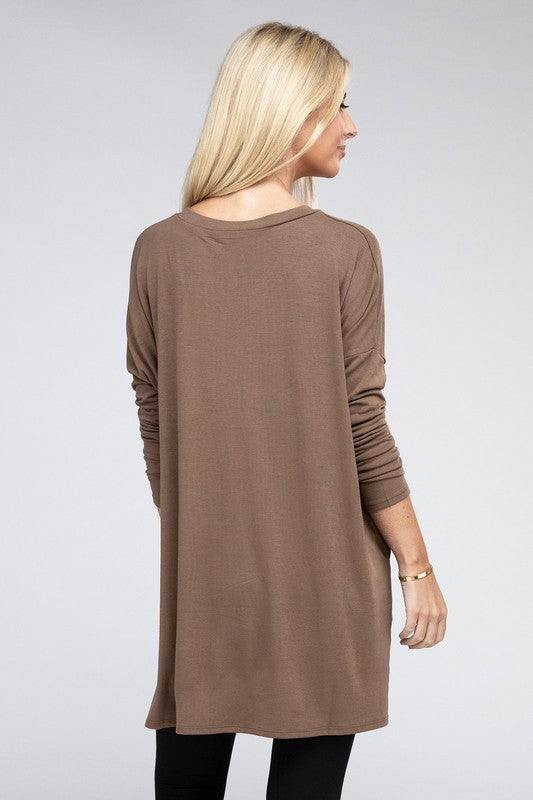 Dolman Long Sleeve V-Neck Side Slit Hi-Low Hem Top