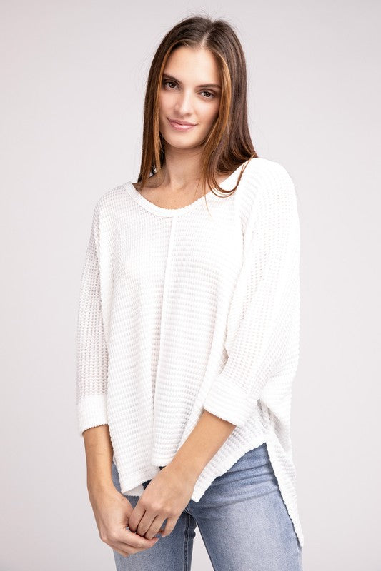 3/4 Sleeve V-Neck Hi-Low Hem Jacquard Sweater