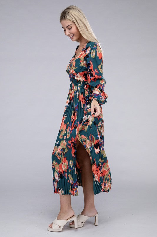 Floral Satin Pleated Maxi Dress - Jake J Shop