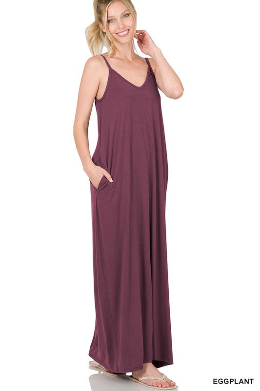 V-Neck Cami Maxi Dress with Side Pockets - Jake J Shop