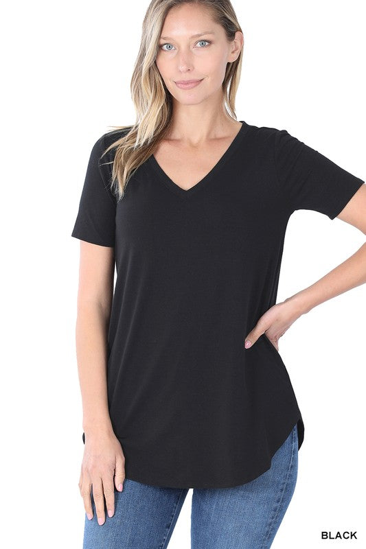 Short Sleeve V-Neck Round Hem Top - Jake J Shop