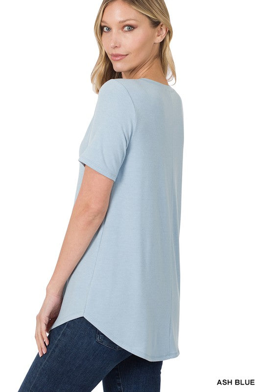 Short Sleeve V-Neck Round Hem Top - Jake J Shop