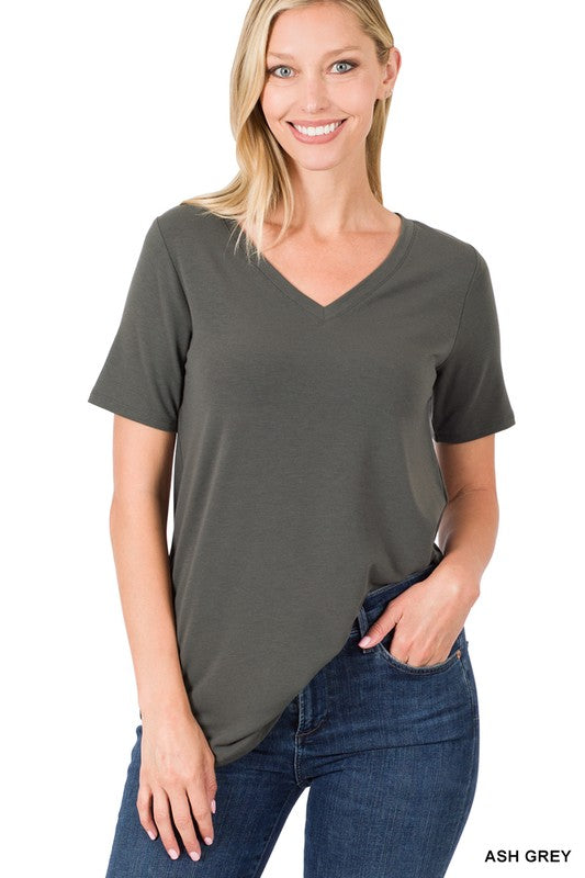 Short Sleeve V-Neck Round Hem Top - Jake J Shop