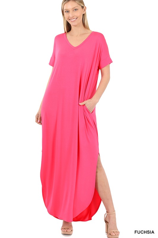 Viscose Fabric V-Neck Short Sleeve Maxi Dress - Jake J Shop