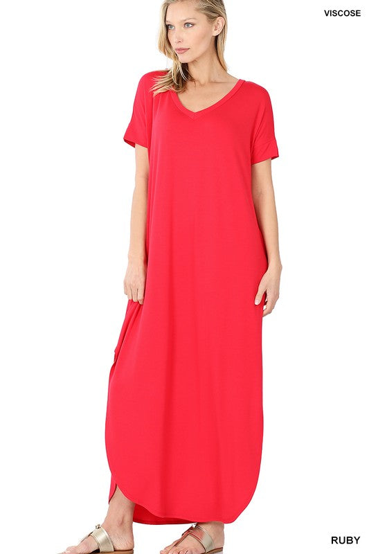 Viscose Fabric V-Neck Short Sleeve Maxi Dress - Jake J Shop