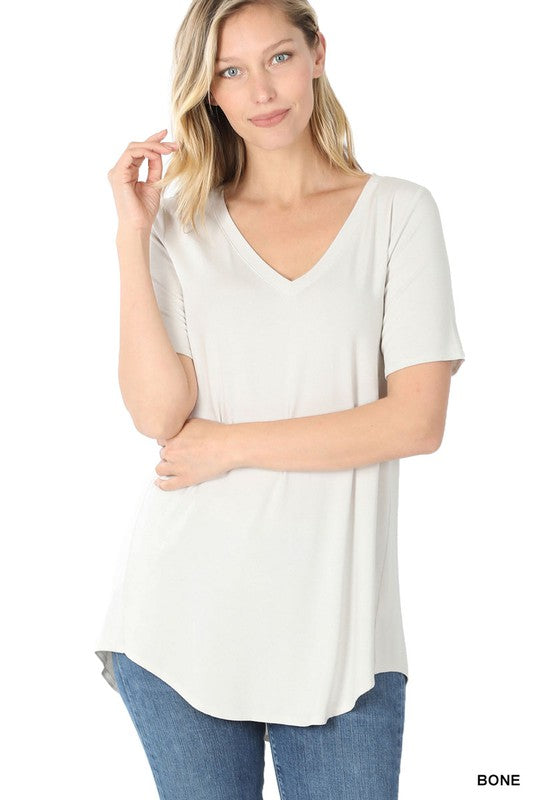 Luxe Rayon Short Sleeve V-Neck Hi-Low Hem Top