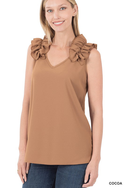 Woven Wool Dobby Ruffle Trim Sleeveless Top