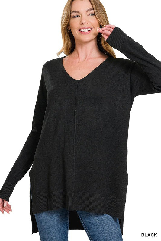 Hi-Low Hem V-Neck Center Seam Sweater