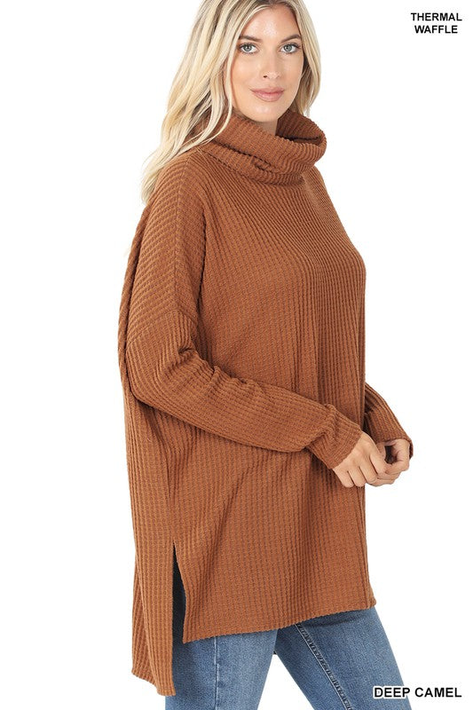 Brushed Thermal Waffle Cowl Neck Hi-Low Sweater