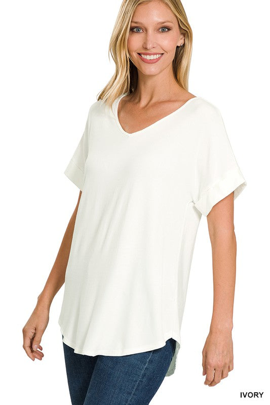 Luxe Rayon Short Cuff Sleeve V-Neck Round Hem Top. - Jake J Shop