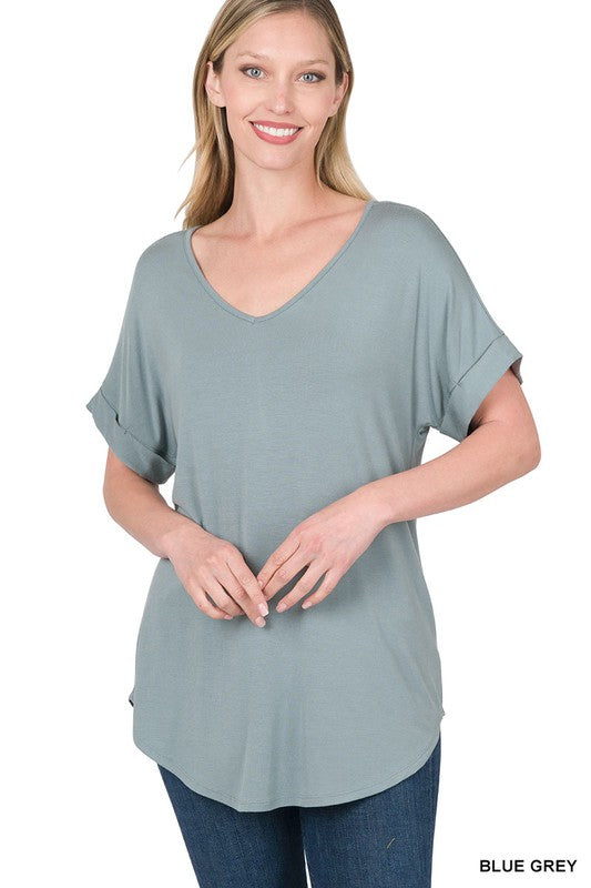 Luxe Rayon Short Cuff Sleeve V-Neck Round Hem Top. - Jake J Shop