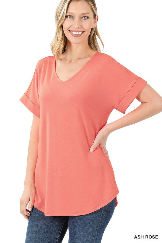 Luxe Rayon Short Cuff Sleeve V-Neck Round Hem Top. - Jake J Shop