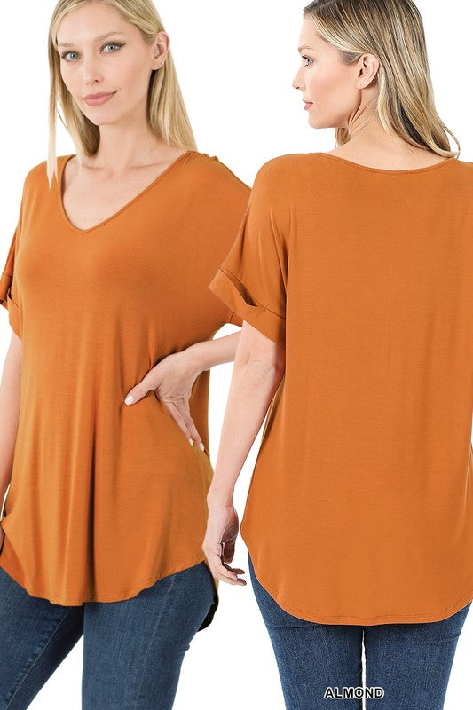 Luxe Rayon Short Cuff Sleeve V-Neck Round Hem Top. - Jake J Shop