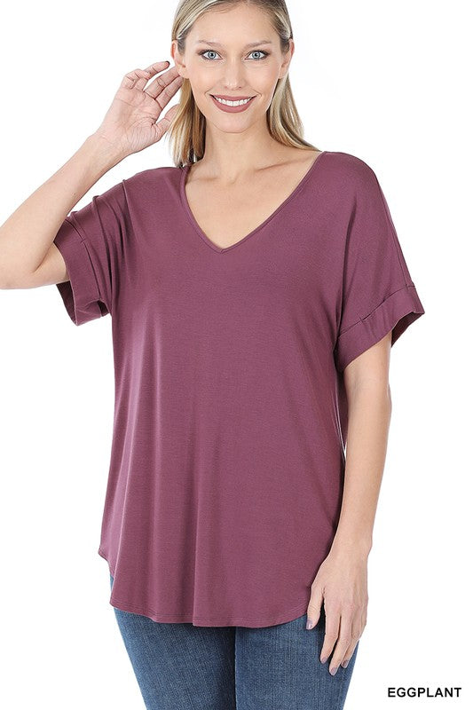 Luxe Rayon Short Cuff Sleeve V-Neck Round Hem Top. - Jake J Shop