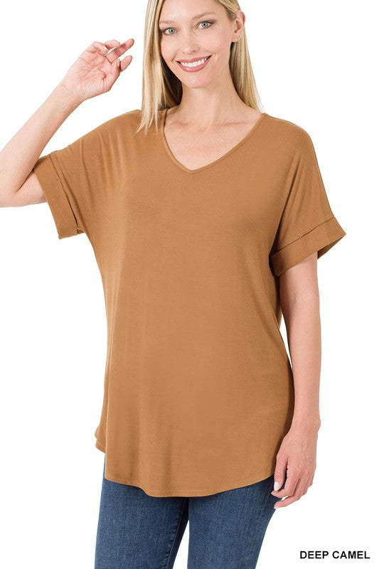 Luxe Rayon Short Cuff Sleeve V-Neck Round Hem Top. - Jake J Shop