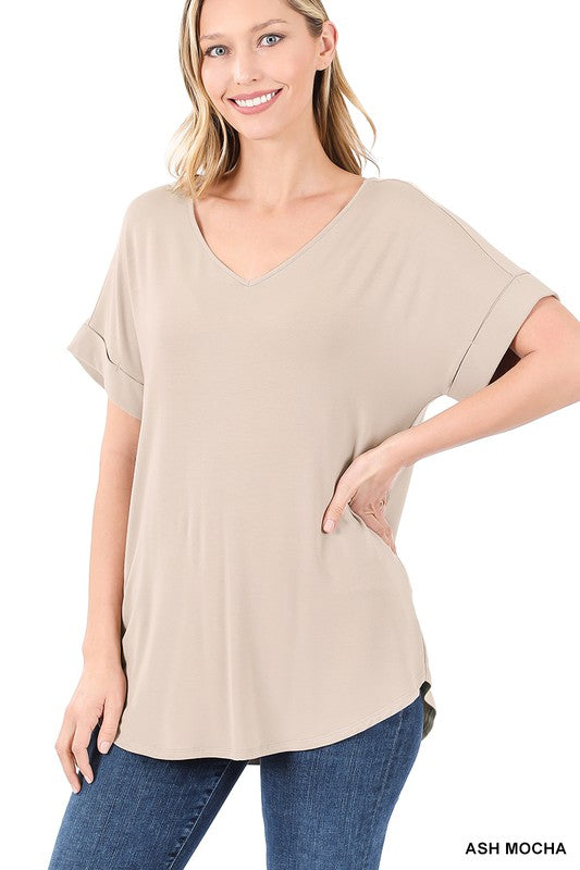 Luxe Rayon Short Cuff Sleeve V-Neck Round Hem Top. - Jake J Shop