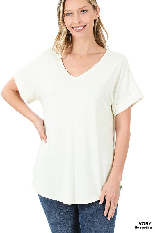 Luxe Rayon Short Cuff Sleeve V-Neck Round Hem Top. - Jake J Shop