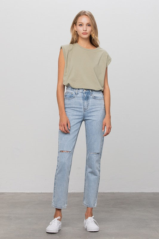 High Waist Ripped Tapered Jeans