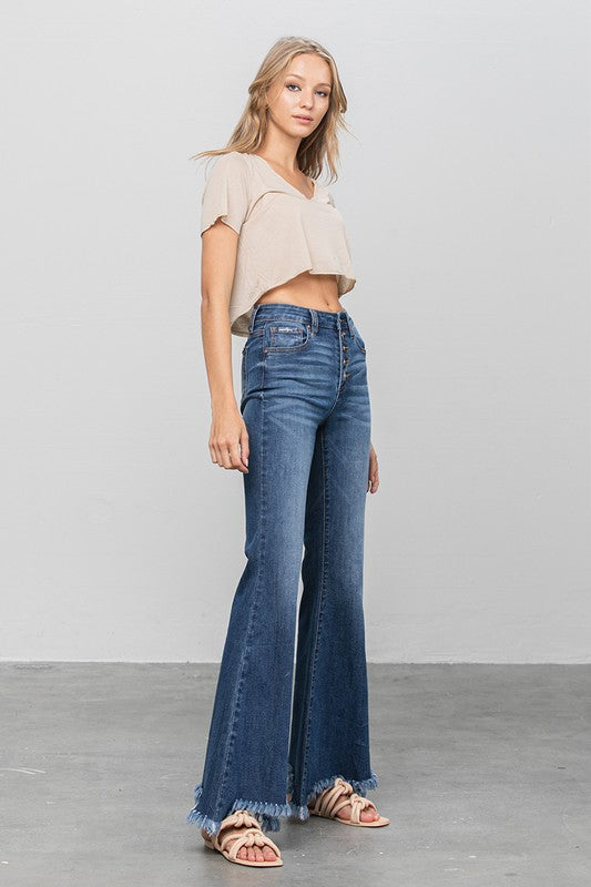 Button Fly Fray Hem Flare Jeans