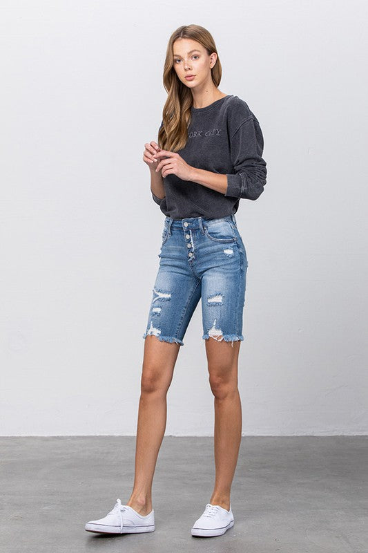 Frayed Raw Hem Ripped Bermuda Shorts