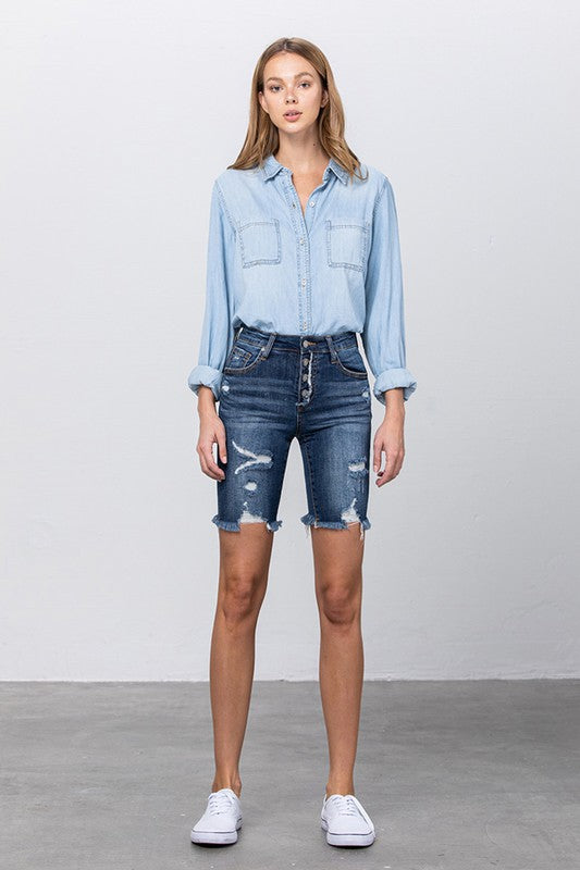 Frayed Raw Hem Ripped Bermuda Shorts