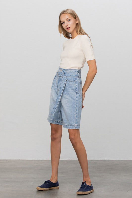 Self Belted Bermuda Denim Shorts