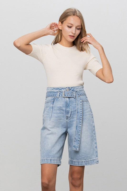 Self Belted Bermuda Denim Shorts