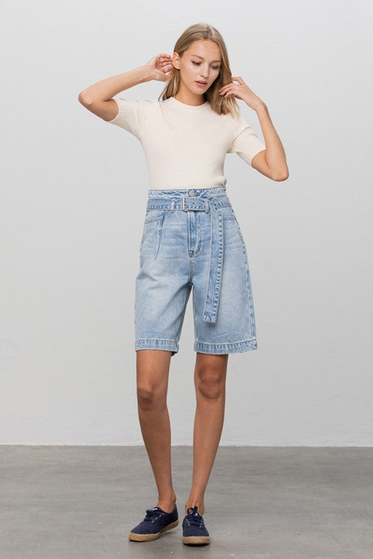 Self Belted Bermuda Denim Shorts