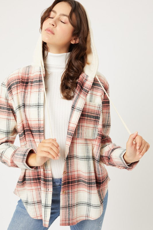 Plaid Flannel Button Up Shacket with Hood - Jake J Shop