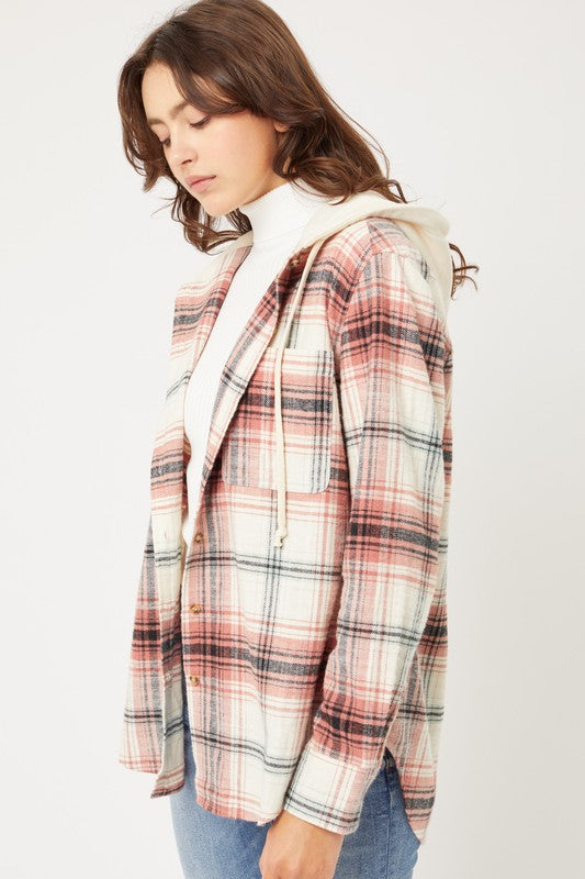 Plaid Flannel Button Up Shacket with Hood - Jake J Shop