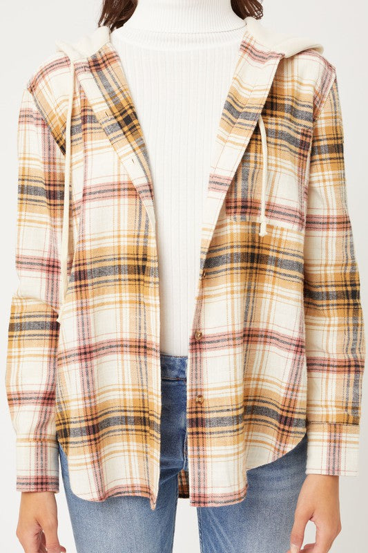 Plaid Flannel Button Up Shacket with Hood - Jake J Shop