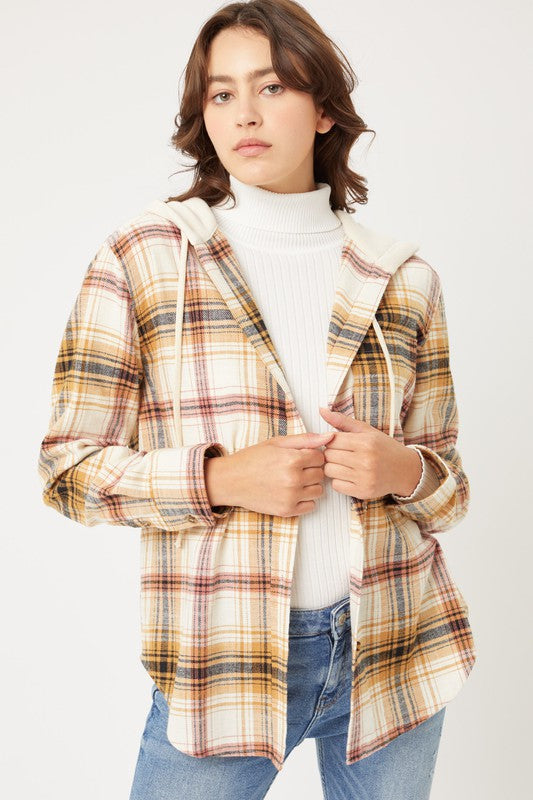 Plaid Flannel Button Up Shacket with Hood - Jake J Shop