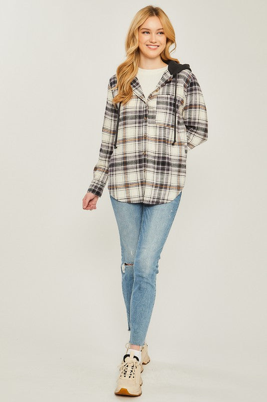 Plaid Flannel Button Up Shacket with Hood - Jake J Shop