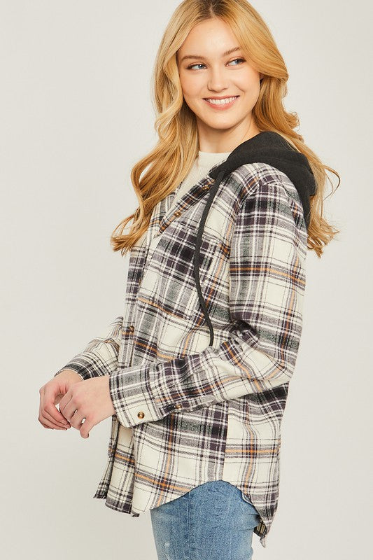 Plaid Flannel Button Up Shacket with Hood - Jake J Shop