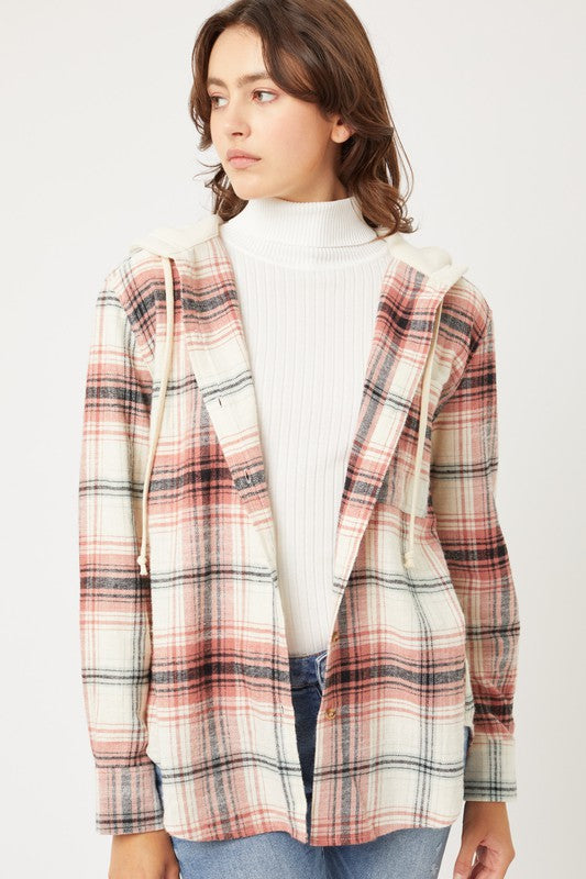 Plaid Flannel Button Up Shacket with Hood - Jake J Shop