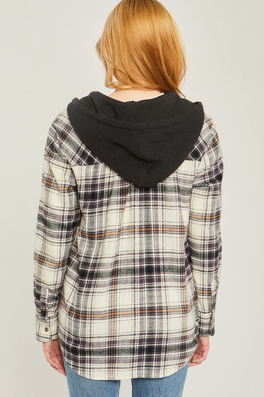 Plaid Flannel Button Up Shacket with Hood - Jake J Shop