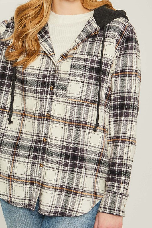 Plaid Flannel Button Up Shacket with Hood - Jake J Shop