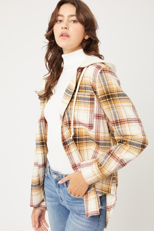 Plaid Flannel Button Up Shacket with Hood - Jake J Shop