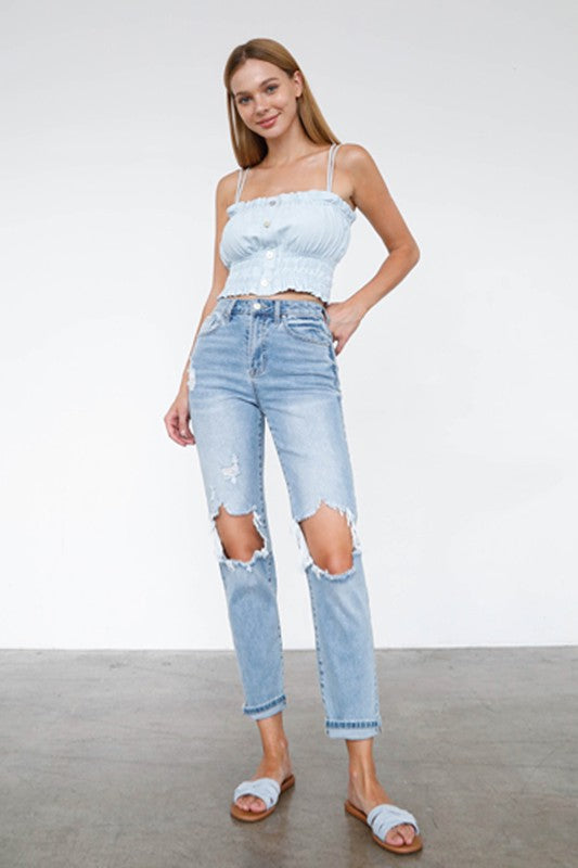 High Waist Destroyed Hem Boyfriend Jeans