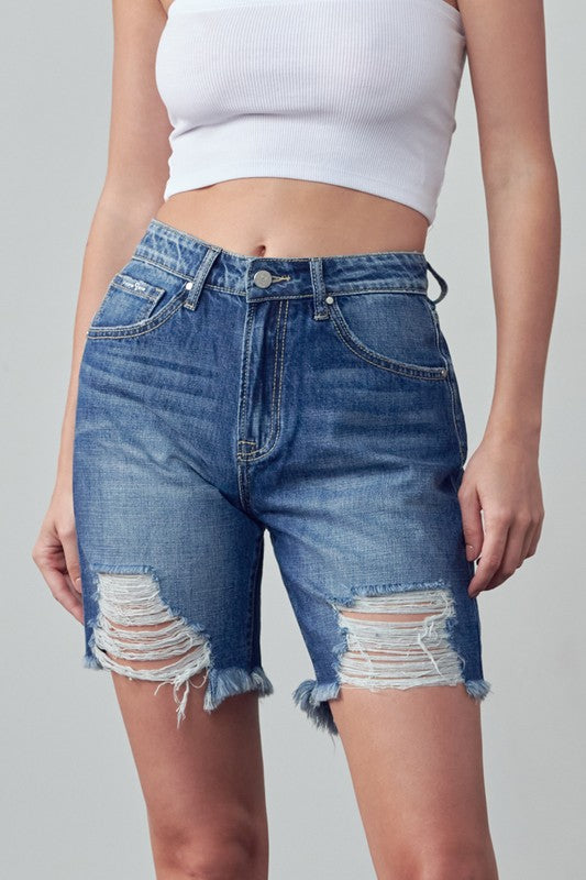 High Rise Ripped Bermuda Denim Shorts