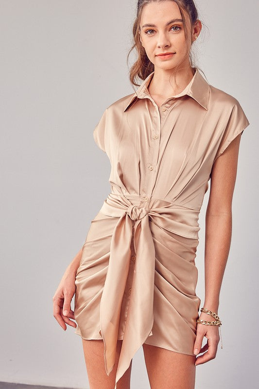 Collar Button Up Front Tie Dress