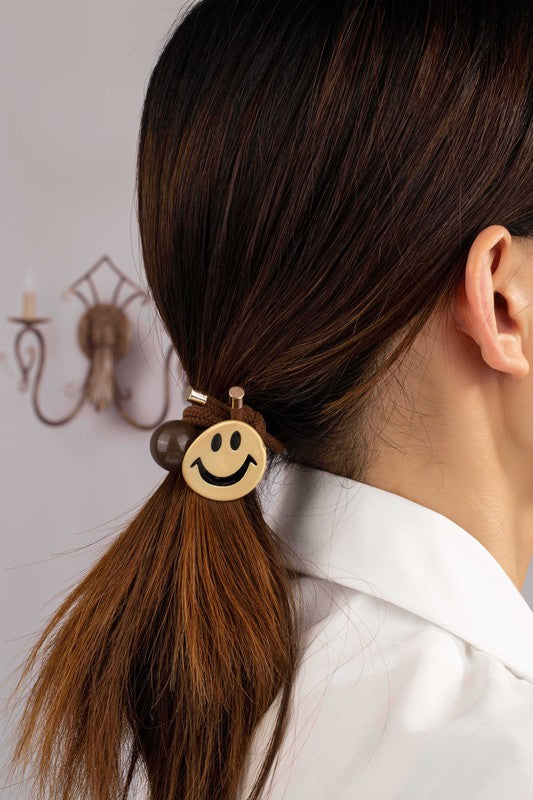 Smiley face hair elastic tie with a grey bead - Jake J Shop