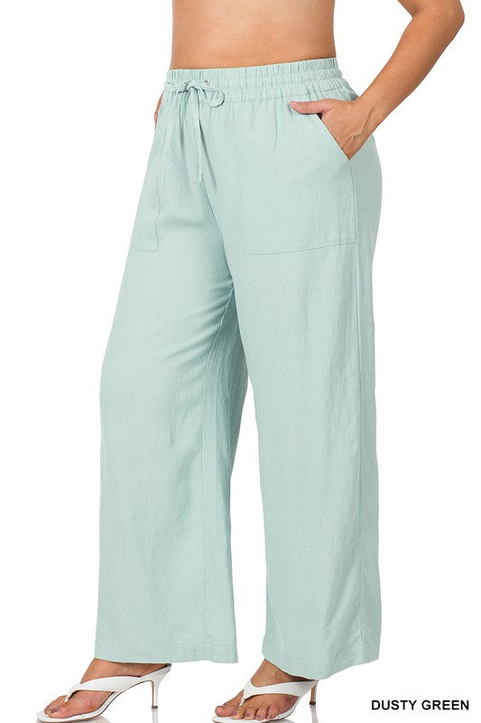 ZENANA Women Linen Pants Plus Size Drawstring-Waist with Pockets