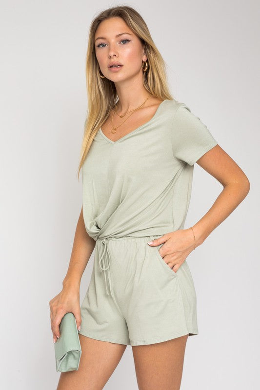 S/S V-Neck Front Overlap Romper - Jake J Shop