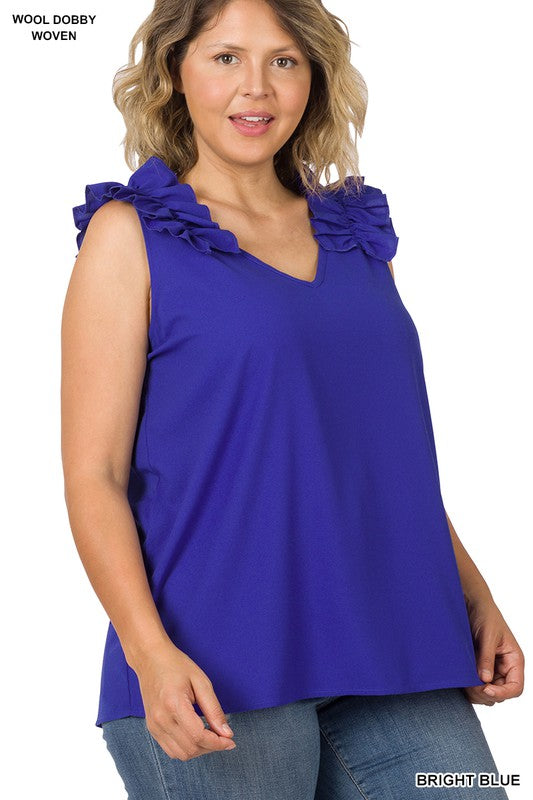 Plus Woven Wool Dobby Ruffle Trim Sleeveless Top