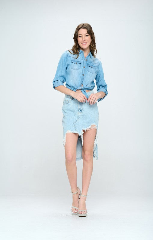 FRONT DESTROYED DENIM SKIRT - Jake J Shop