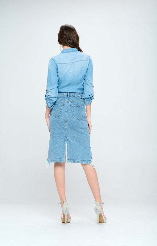 FRONT DESTROYED DENIM SKIRT - Jake J Shop